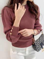 Casual Pullovers Buttons Jewel Neck Long Sleeves Sweaters