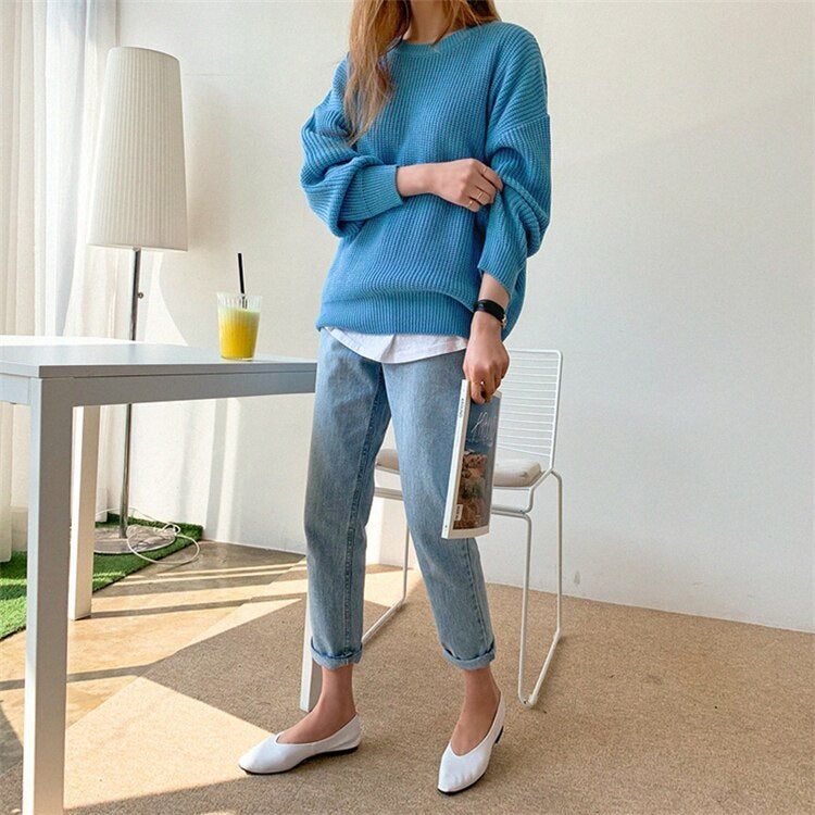 Casual Pullovers Loose Warm Minimalist Knitting Elegant Solid Sweaters