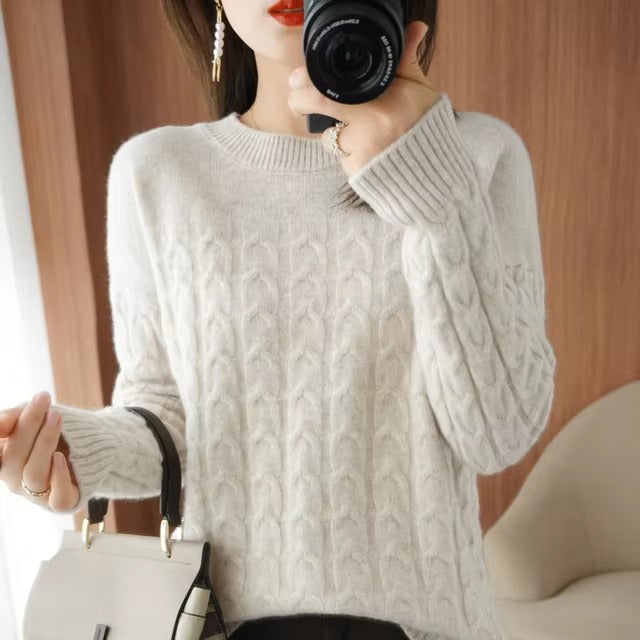 Casual Pure Wool O-Neck Pullover Twist Knitted Long-Sleeved Cashmere Sweater