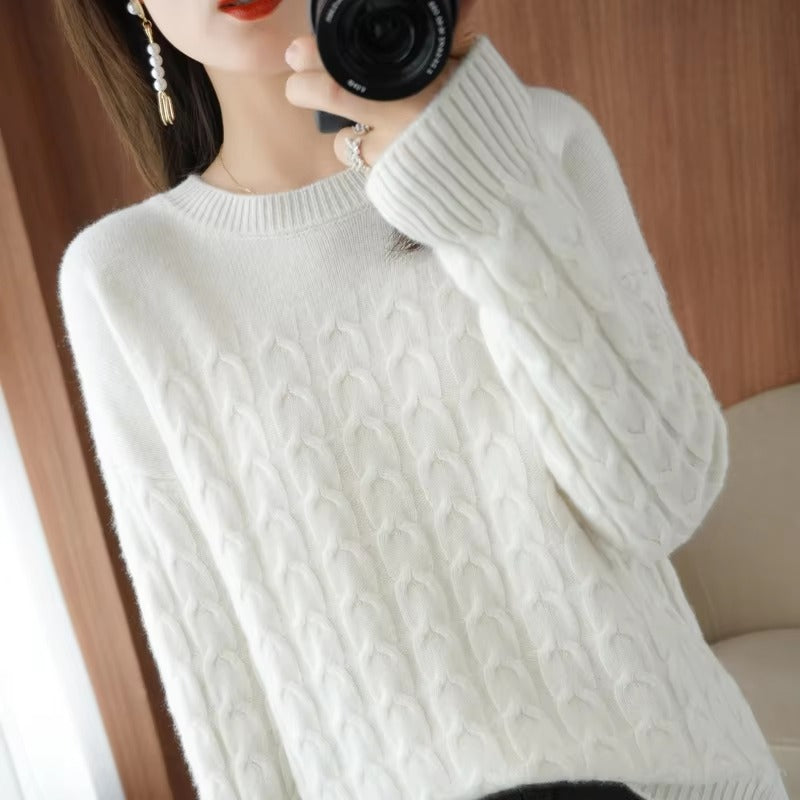 Casual Pure Wool O-Neck Pullover Twist Knitted Long-Sleeved Cashmere Sweater
