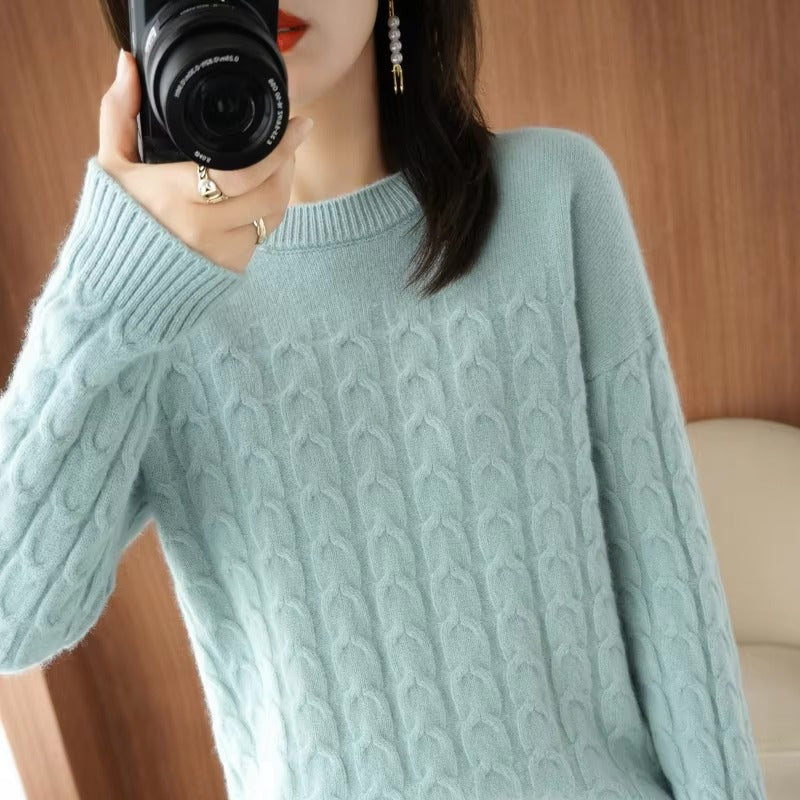 Casual Pure Wool O-Neck Pullover Twist Knitted Long-Sleeved Cashmere Sweater