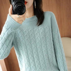 Casual Pure Wool O-Neck Pullover Twist Knitted Long-Sleeved Cashmere Sweater