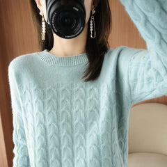Casual Pure Wool O-Neck Pullover Twist Knitted Long-Sleeved Cashmere Sweater