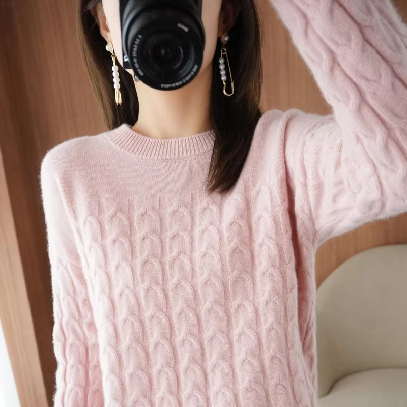 Casual Pure Wool O-Neck Pullover Twist Knitted Long-Sleeved Cashmere Sweater