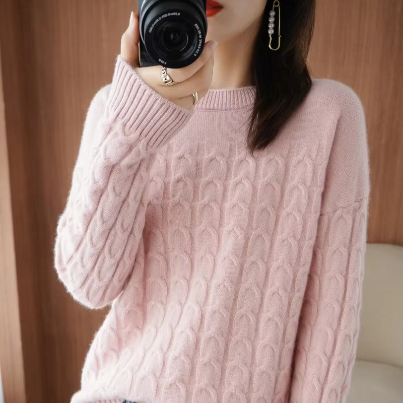 Casual Pure Wool O-Neck Pullover Twist Knitted Long-Sleeved Cashmere Sweater