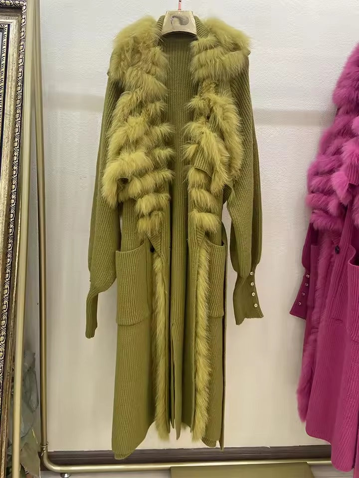 Casual Real Fox Fur Knitting Over Size Loose Sweater Coat