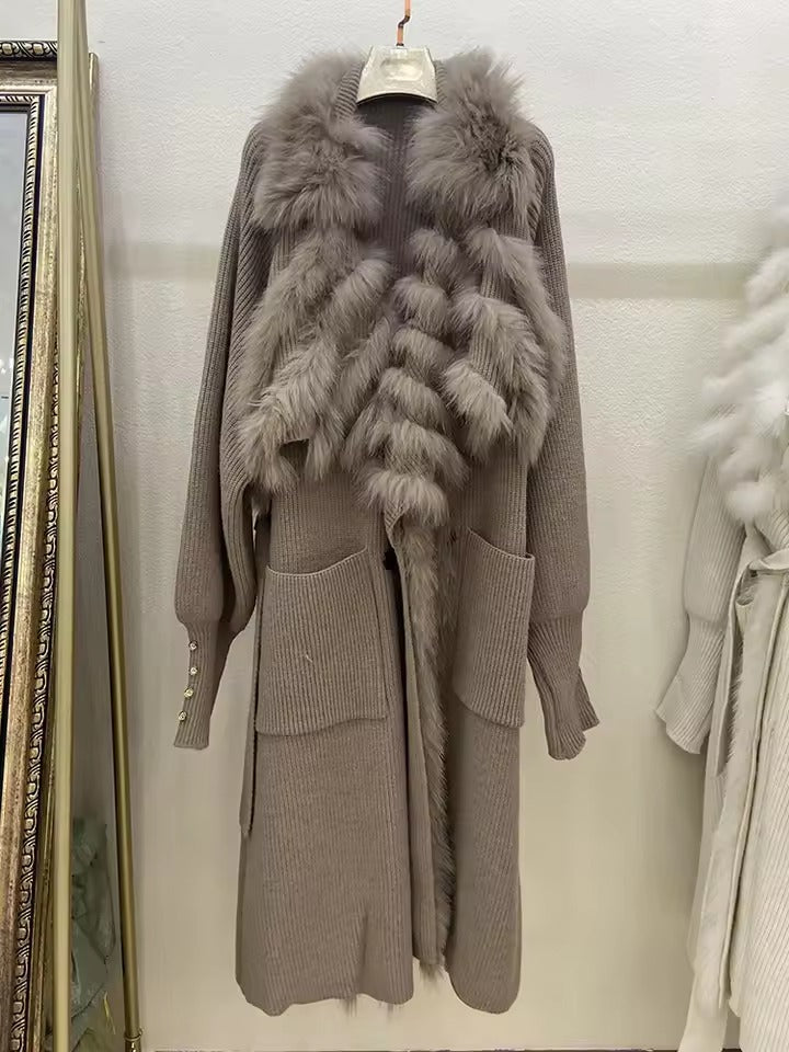 Casual Real Fox Fur Knitting Over Size Loose Sweater Coat