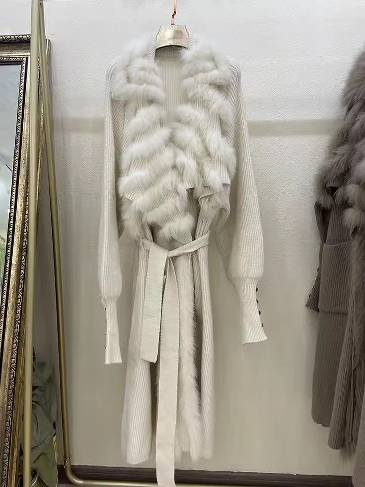 Casual Real Fox Fur Knitting Over Size Loose Sweater Coat