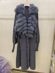 Casual Real Fox Fur Knitting Over Size Loose Sweater Coat
