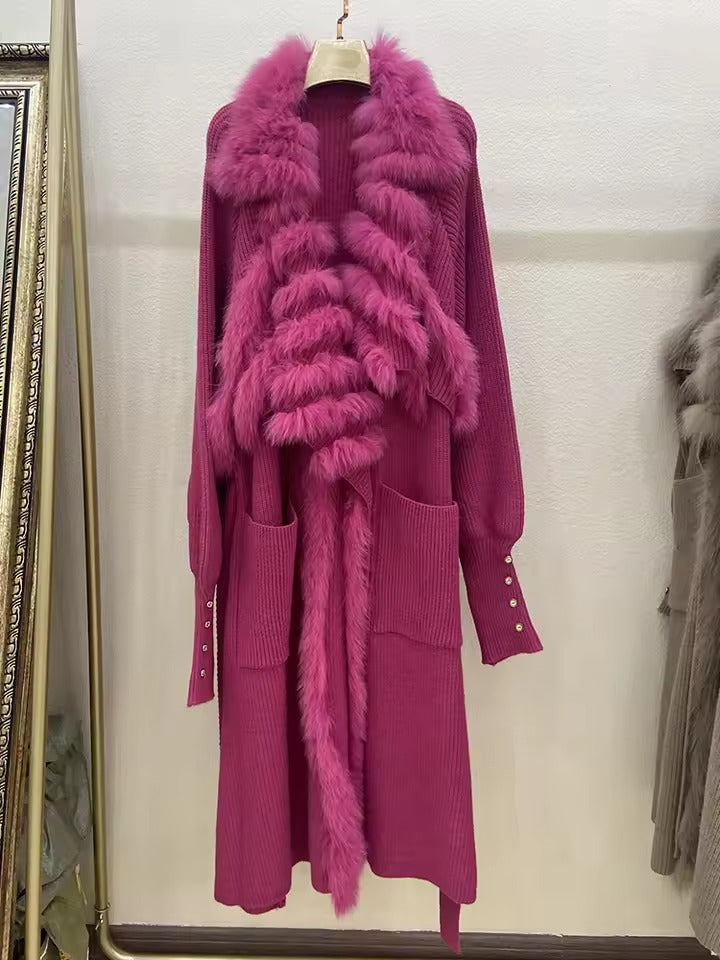 Casual Real Fox Fur Knitting Over Size Loose Sweater Coat