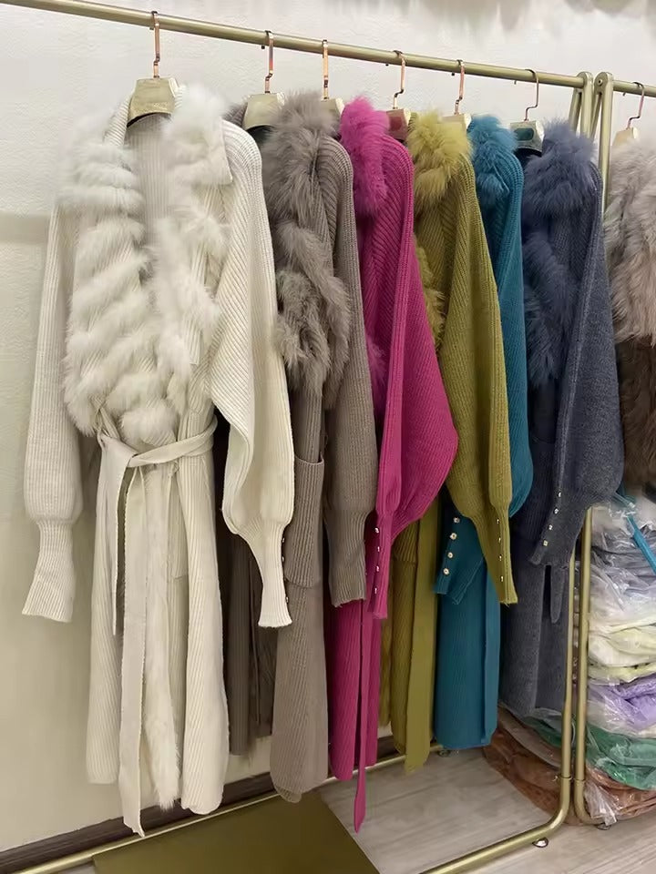 Casual Real Fox Fur Knitting Over Size Loose Sweater Coat