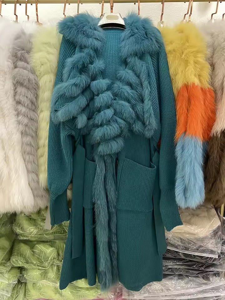 Casual Real Fox Fur Knitting Over Size Loose Sweater Coat