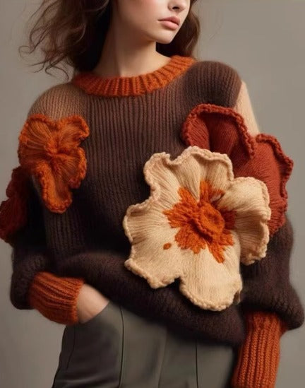 Casual Retro Contrast Flowers Soft Comfortable Loose Knitted Sweater