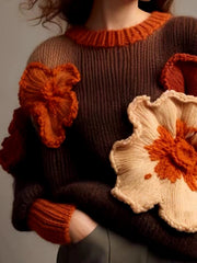 Casual Retro Contrast Flowers Soft Comfortable Loose Knitted Sweater
