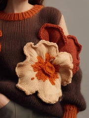 Casual Retro Contrast Flowers Soft Comfortable Loose Knitted Sweater