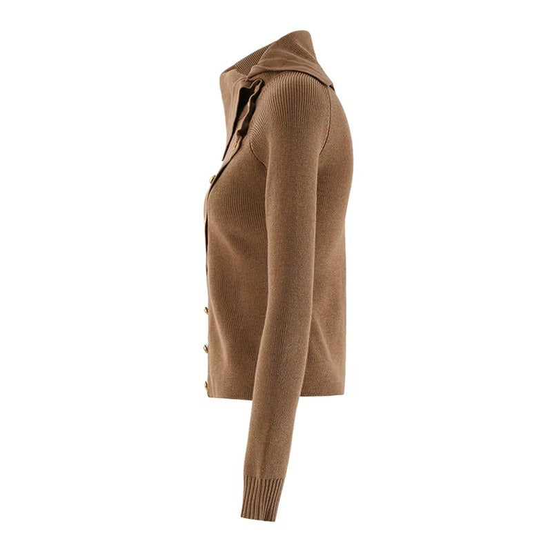 Casual Retro Lapel Irregular Design Slit Hem Long-Sleeved Sweater