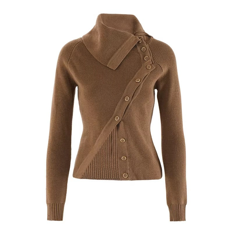 Casual Retro Lapel Irregular Design Slit Hem Long-Sleeved Sweater