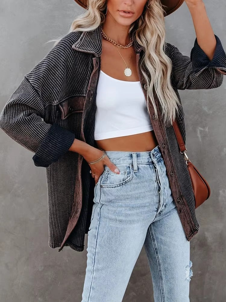 Casual Retro Solid Long Sleeve Turn Down Collar Button Outerwear Jacket