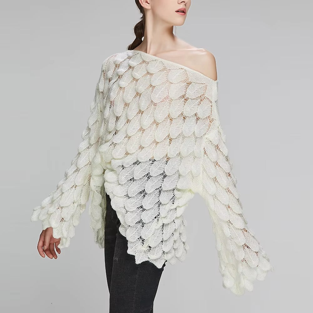 Casual Round Collar Full Flare Sleeve Solid Color Pullover Hollow Chic Style Sweater