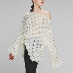 Casual Round Collar Full Flare Sleeve Solid Color Pullover Hollow Chic Style Sweater
