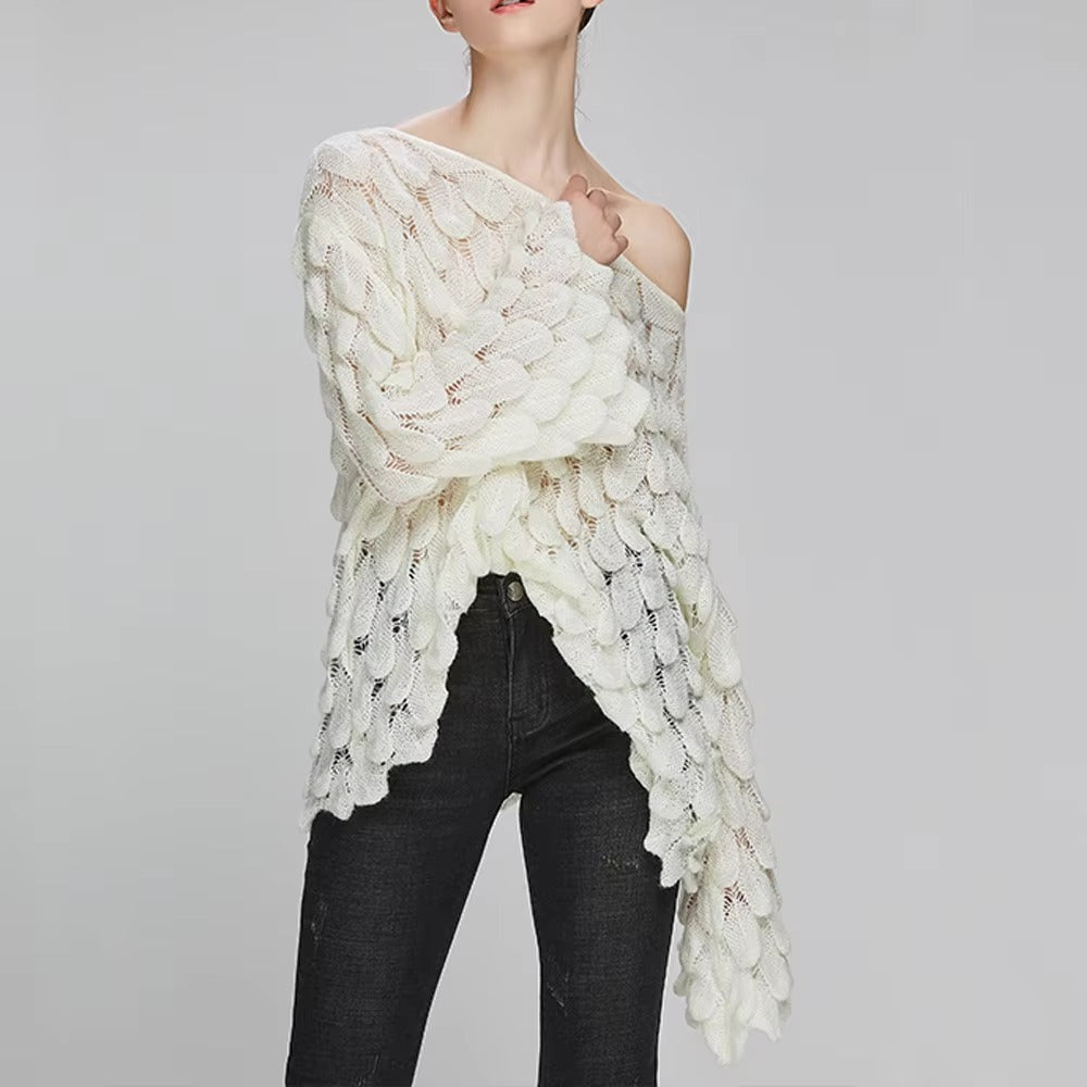 Casual Round Collar Full Flare Sleeve Solid Color Pullover Hollow Chic Style Sweater