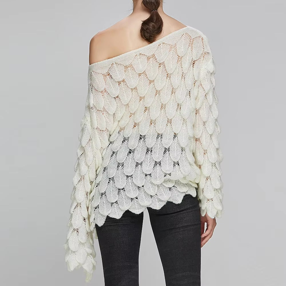 Casual Round Collar Full Flare Sleeve Solid Color Pullover Hollow Chic Style Sweater