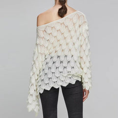 Casual Round Collar Full Flare Sleeve Solid Color Pullover Hollow Chic Style Sweater