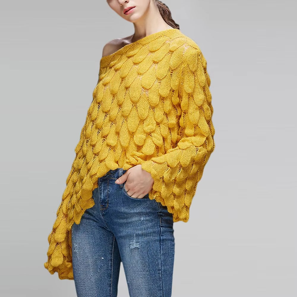 Casual Round Collar Full Flare Sleeve Solid Color Pullover Hollow Chic Style Sweater