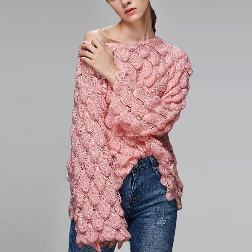 Casual Round Collar Full Flare Sleeve Solid Color Pullover Hollow Chic Style Sweater