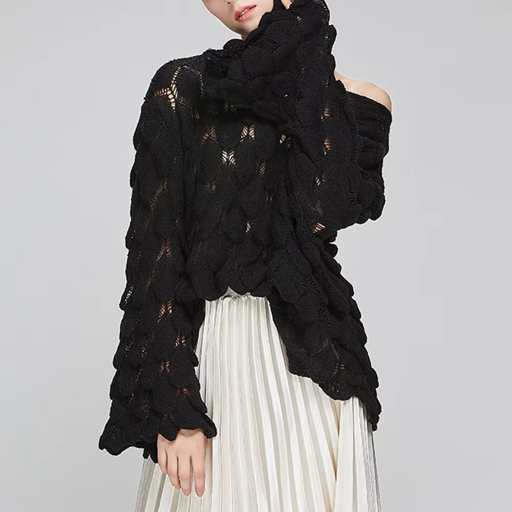 Casual Round Collar Full Flare Sleeve Solid Color Pullover Hollow Chic Style Sweater