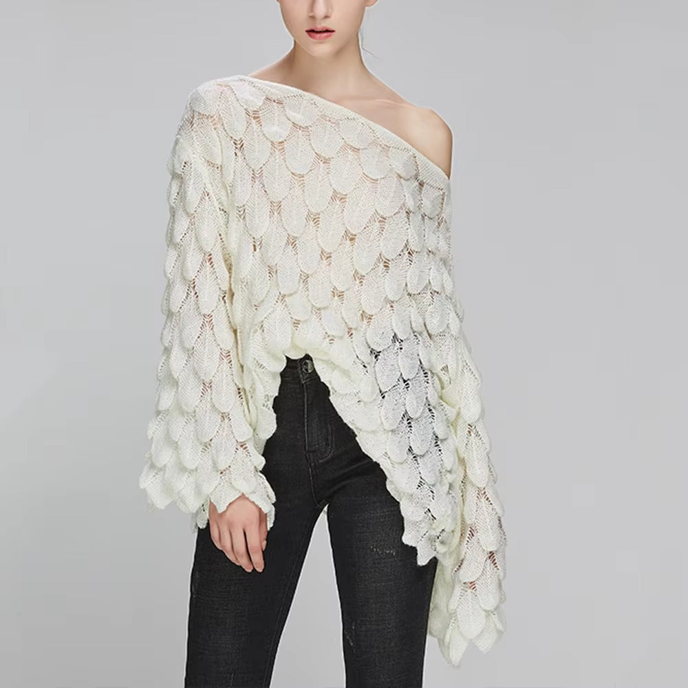 Casual Round Collar Full Flare Sleeve Solid Color Pullover Hollow Chic Style Sweater