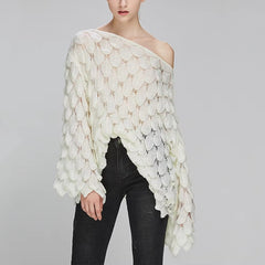 Casual Round Collar Full Flare Sleeve Solid Color Pullover Hollow Chic Style Sweater
