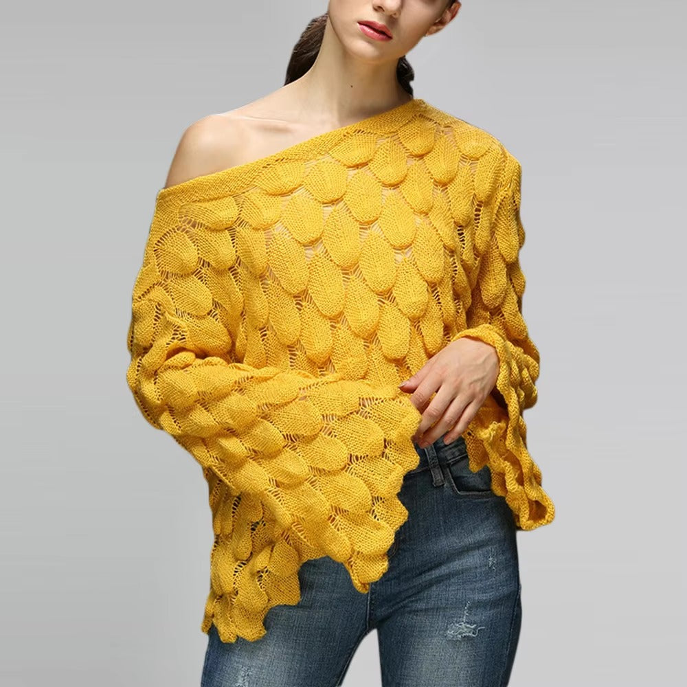 Casual Round Collar Full Flare Sleeve Solid Color Pullover Hollow Chic Style Sweater