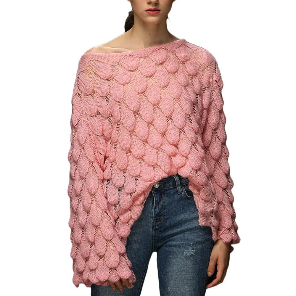 Casual Round Collar Full Flare Sleeve Solid Color Pullover Hollow Chic Style Sweater