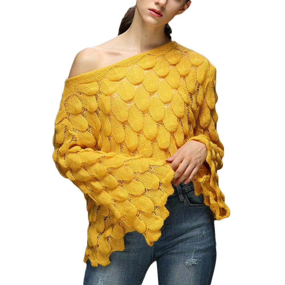 Casual Round Collar Full Flare Sleeve Solid Color Pullover Hollow Chic Style Sweater