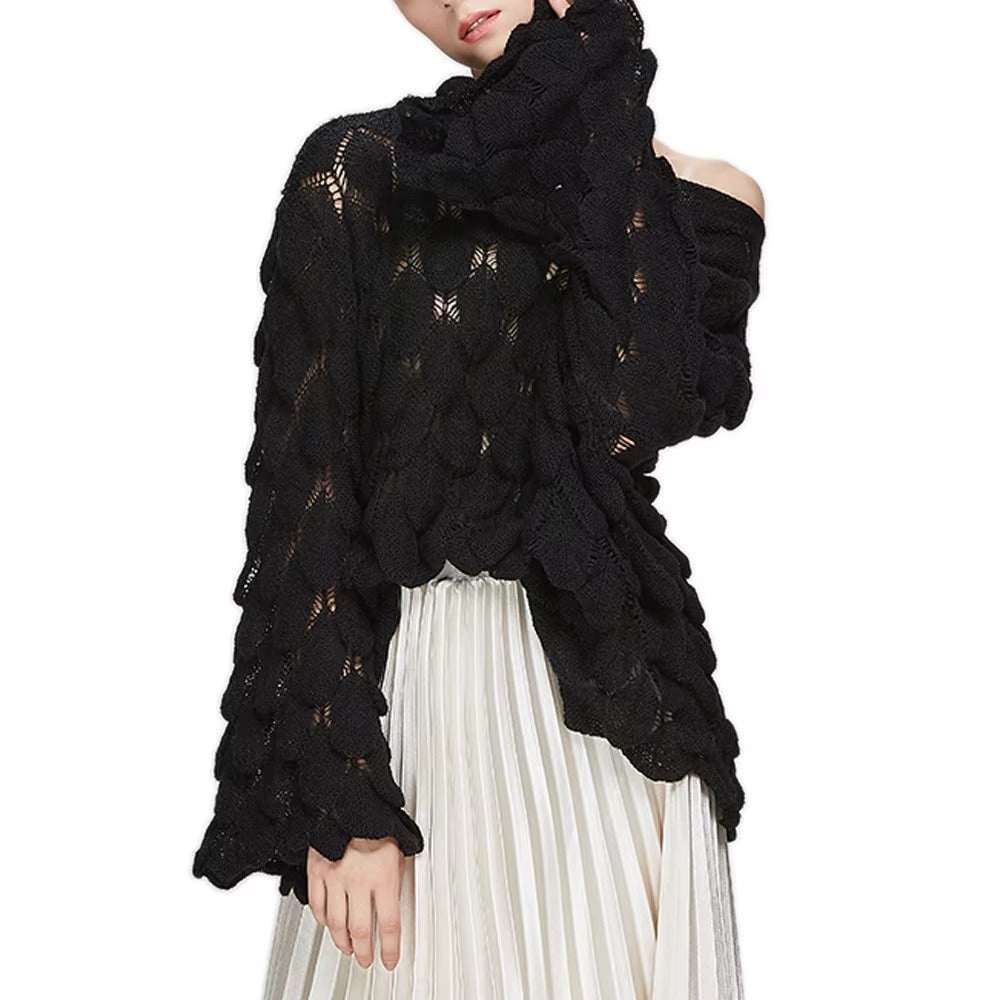 Casual Round Collar Full Flare Sleeve Solid Color Pullover Hollow Chic Style Sweater