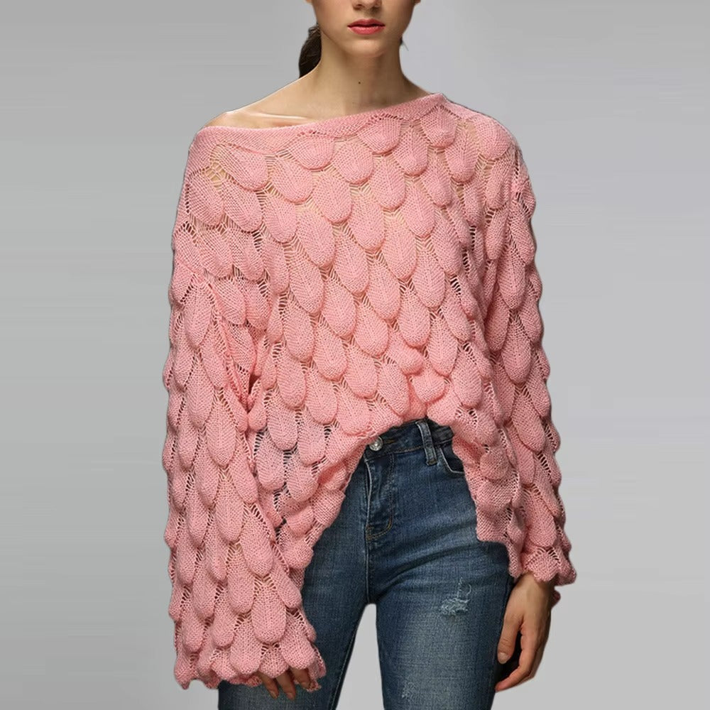 Casual Round Collar Full Flare Sleeve Solid Color Pullover Hollow Chic Style Sweater