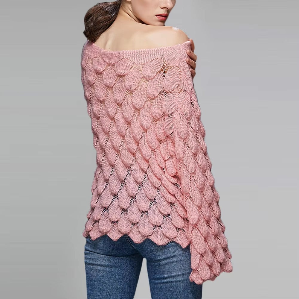 Casual Round Collar Full Flare Sleeve Solid Color Pullover Hollow Chic Style Sweater