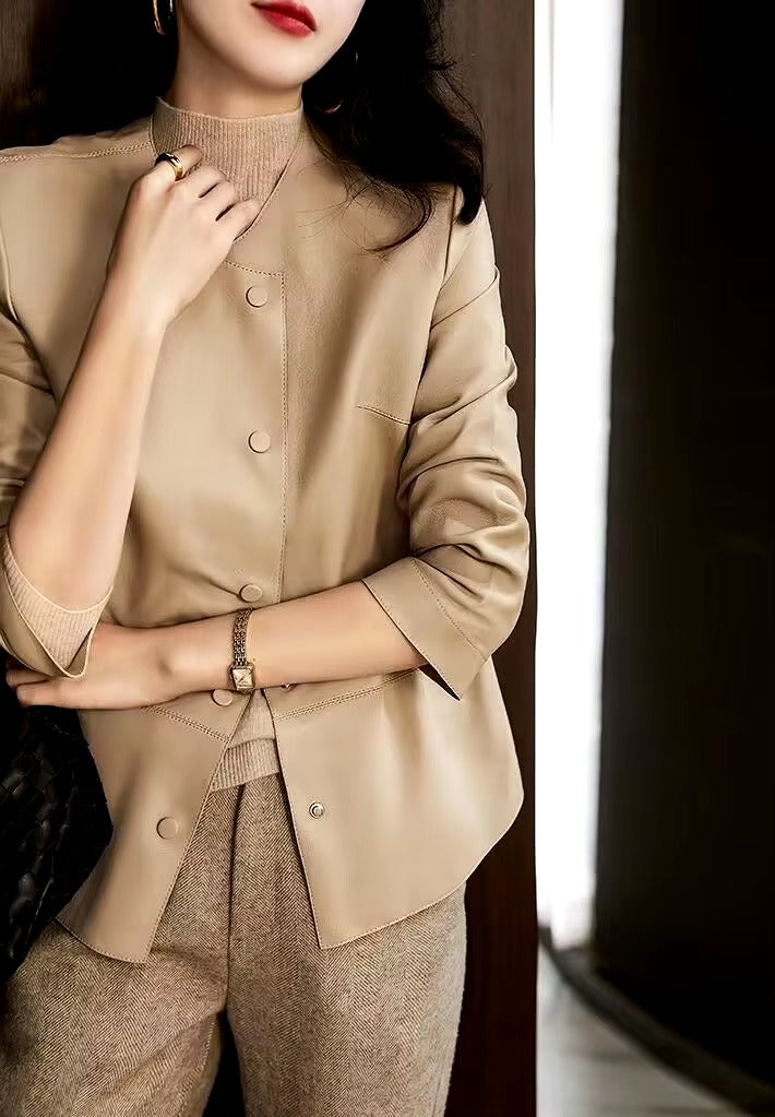 Casual Round Neck Leather Button Slimming Plus Size Streetwear Jacket