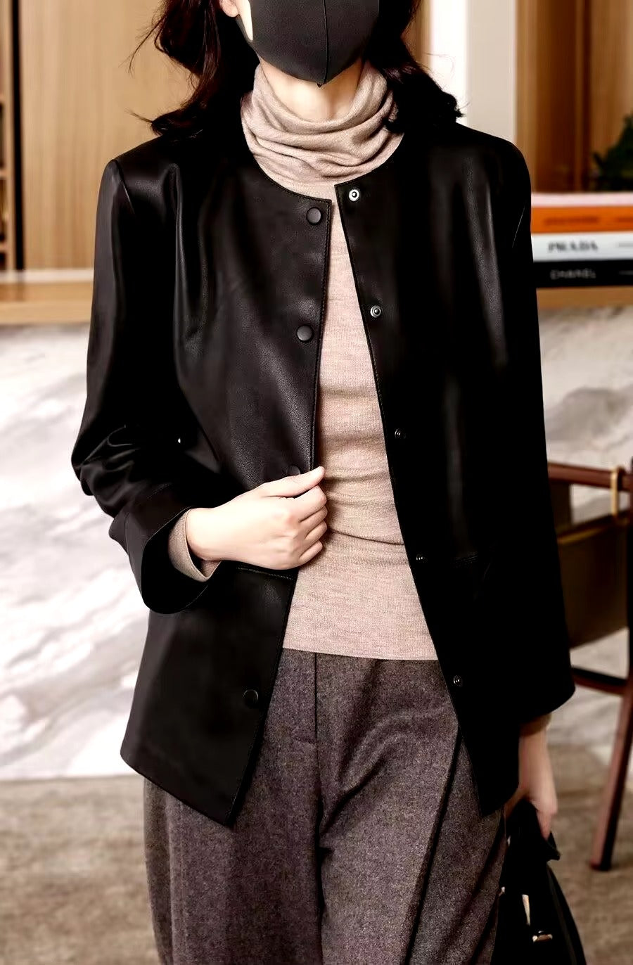 Casual Round Neck Leather Button Slimming Plus Size Streetwear Jacket