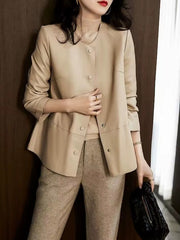 Casual Round Neck Leather Button Slimming Plus Size Streetwear Jacket
