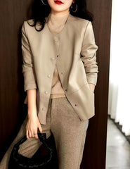 Casual Round Neck Leather Button Slimming Plus Size Streetwear Jacket