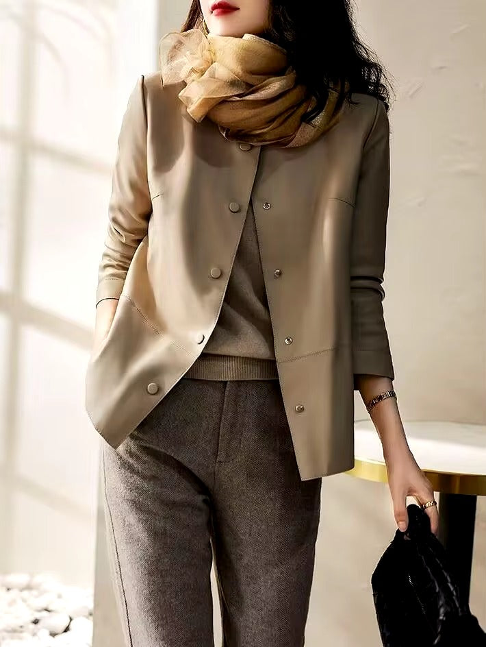 Casual Round Neck Leather Button Slimming Plus Size Streetwear Jacket