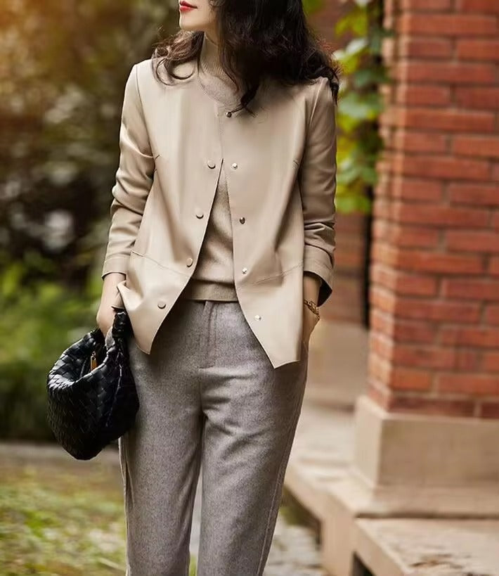 Casual Round Neck Leather Button Slimming Plus Size Streetwear Jacket