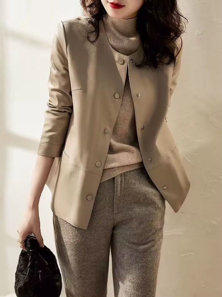 Casual Round Neck Leather Button Slimming Plus Size Streetwear Jacket