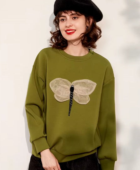 Casual Round Neck Long Sleeve 3D Dragonfly Sweatshirt