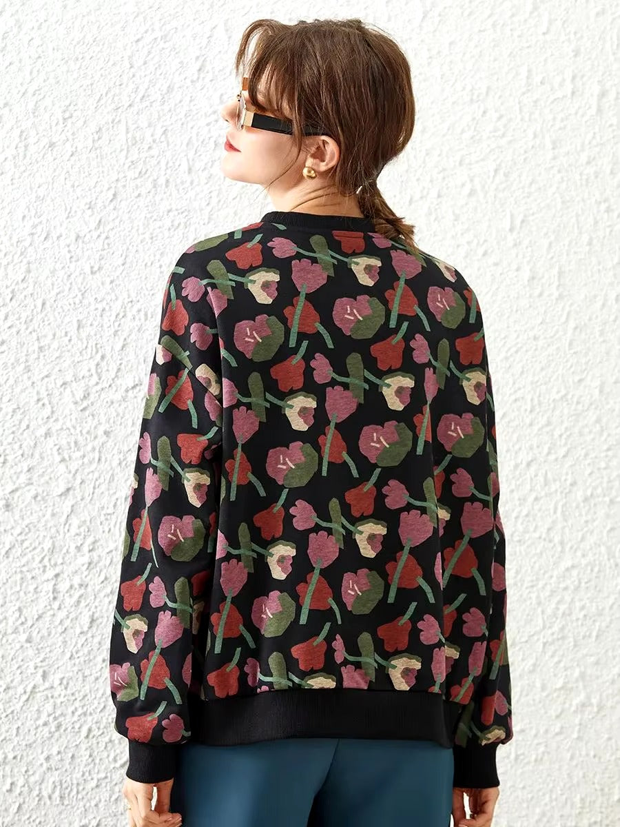 Casual Round Neck Long Sleeve Print Flower Loose Hoodies