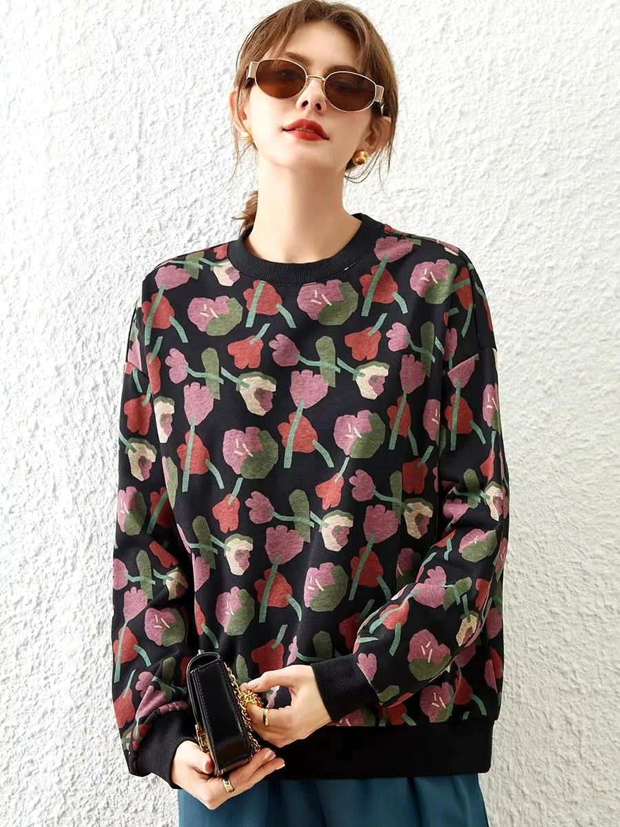 Casual Round Neck Long Sleeve Print Flower Loose Hoodies