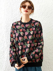 Casual Round Neck Long Sleeve Print Flower Loose Hoodies
