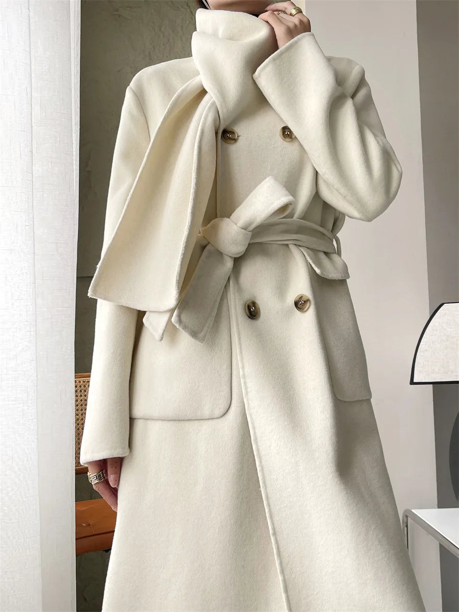 Casual Scarf Collar Design Double Breasted Full Sleeve Two Sided Wool Long Coat